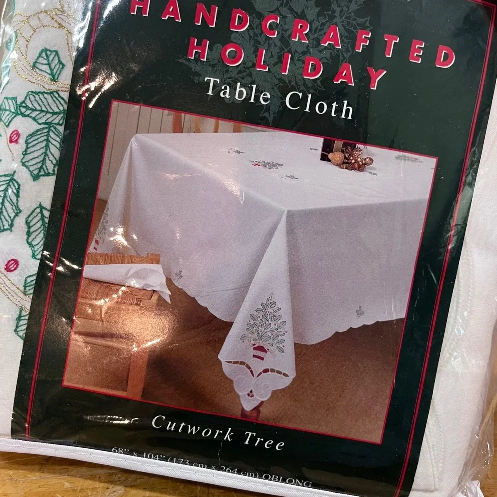 Vtg 1997 Handcrafted Holiday Cutwork Tree Cotton Tablecloth 68x104 Oblong White